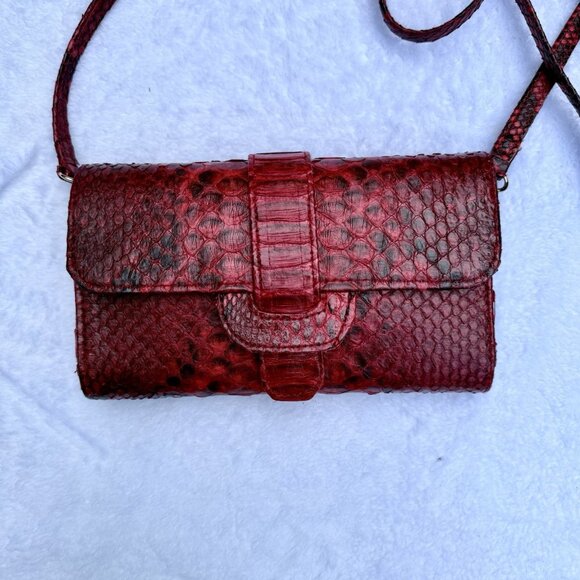 Grand Pelle Handcrafted Red Color Genuine Python Leather Crossbody Wallet Mint - Picture 1 of 13